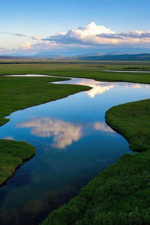 Landscape of grassland and lake at sunset, Xinjiang, Chinaの素材