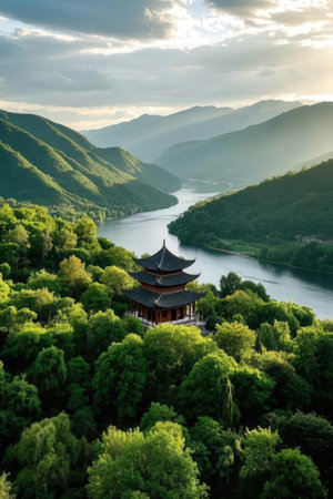 Pavilion on the bank of the Yangtze River in Chinaの素材