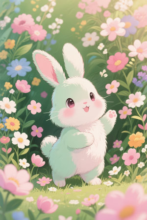 Cute little bunny sitting in the meadow with flowers. Vector illustration.の素材