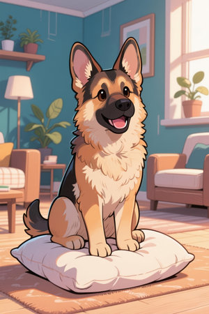 German Shepherd sitting on a pillow in the living room. Vector illustration.の素材
