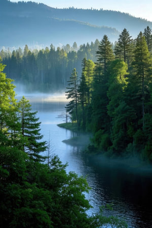 Misty morning at the lake in Carpathian mountains, Ukraineの素材