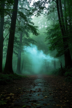 Mysterious forest with fog in the morning. Natural background.の素材