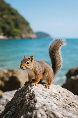 Squirrel standing on a rock by the sea and looking at cameraの素材