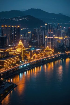 Aerial view of Hong Kong city at night. Hong Kong is the largest city in the world.の素材