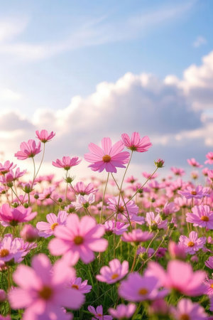 Pink cosmos flowers in the meadow with blue sky and white cloudsの素材