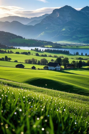 Sunset over alpine meadow and village in Bavaria, Germanyの素材
