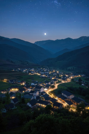 Night view of a small village in the Carpathian mountains.の素材