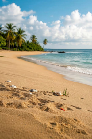 Seashells on the sandy beach of the Caribbean island of Barbadosの素材