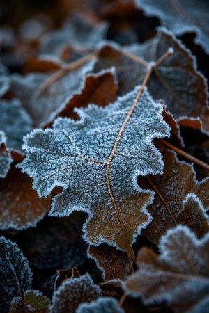Frosted autumn leaves on the ground. Shallow depth of fieldの素材