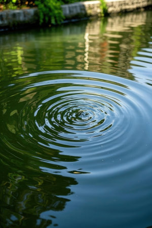 Water drop with ripples on the surface of the water, beautiful backgroundの素材
