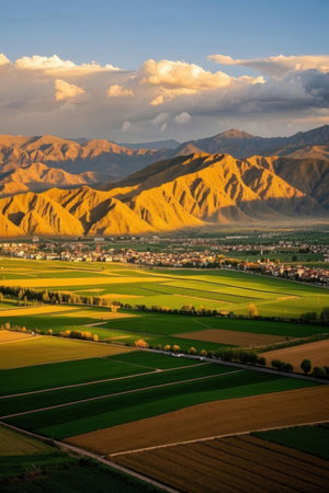 Aerial view of the valley and mountains at sunset, Kyrgyzstanの素材