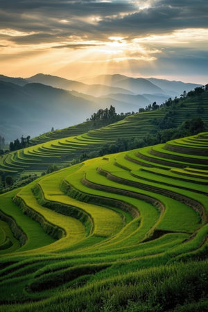 Rice terraces at sunset in Mu Cang Chai, YenBai, Vietnamの素材