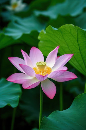 Lotus flower blooming in the pond with green leaves background.の素材