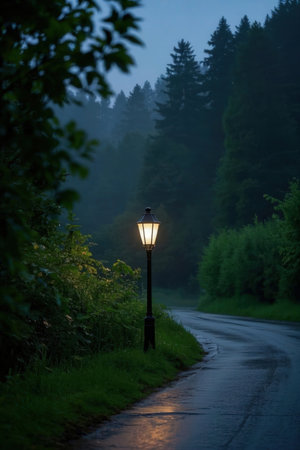 Lantern on the road in the forest at night in summerの素材