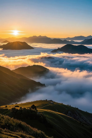 Sunrise over the clouds in the Carpathian mountains, Ukraineの素材