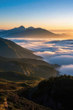 Sunrise over the clouds in the Pyrenees, Aragon, Spainの素材
