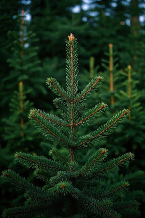 Fir tree in the forest. Pine branches close up. Nature backgroundの素材