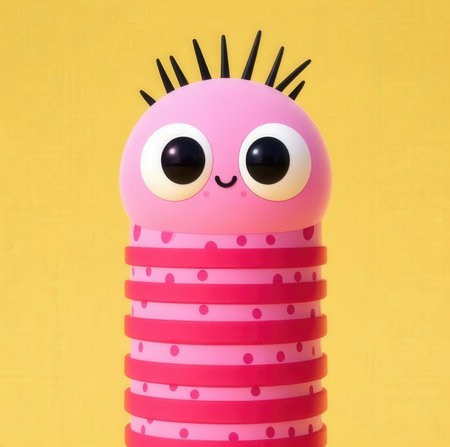 Funny pink caterpillar on yellow background. 3d illustration.の素材