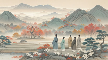 Illustration of japanese family in the autumn landscape with mountainの素材