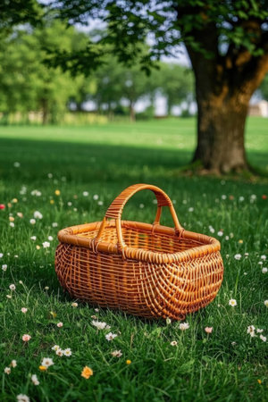 Wicker picnic basket on the grass in the park with flowers and tree in the backgroundの素材