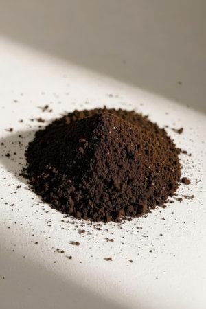 Coffee grounds on a white background, top view, close-upの素材