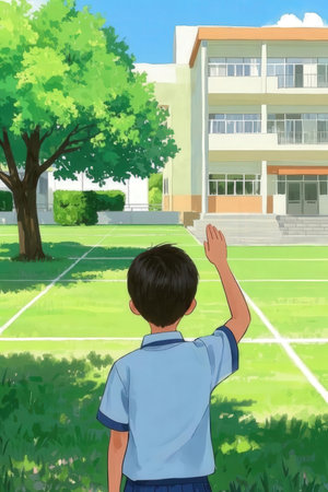 Rear view of a boy raising his hand in front of a school buildingの素材