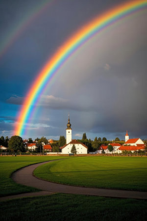 Rainbow over the church of St. John the Baptist in Tallinn, Estoniaの素材