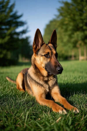 German shepherd dog lying on the grass in the park and looking at the cameraの素材