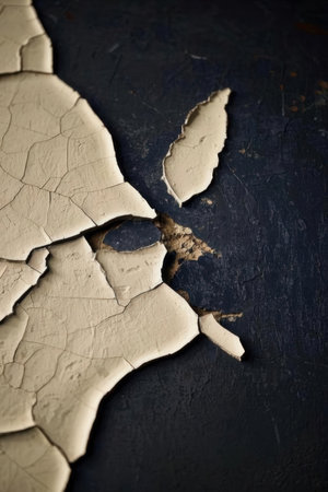 Cracked paint on a black background. Shallow depth of field.の素材
