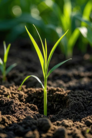 Young corn seedling growing in the ground. Close-up.の素材