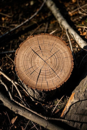Wooden cross section of a tree in the forest. Natural backgroundの素材