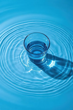 Glass of water with ripples on blue background, close-upの素材