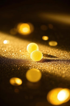 golden confetti on a black background, macro photo with shallow depth of fieldの素材