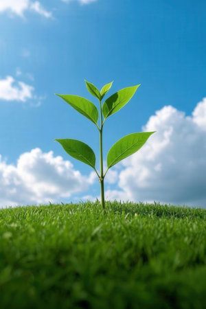 Green sprout growing on green grass with blue sky and clouds backgroundの素材