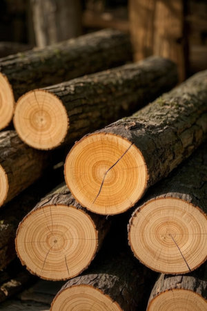 Pile of sawn tree trunks in forest, closeupの素材