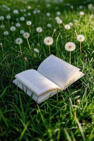 Open book with dandelions on green grass in the park.の素材