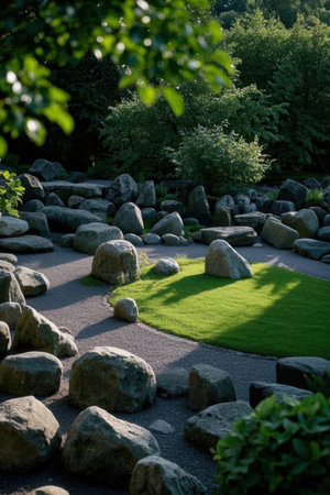 Beautiful landscaped garden with green lawn and rocks in the summerの素材