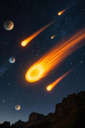 A view of a comet in the night sky with stars and planetsの素材
