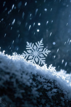 Snowflake on the snow in the winter forest. Christmas background.の素材