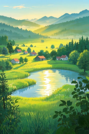 Beautiful summer landscape with village on the hillside. Digital painting.の素材