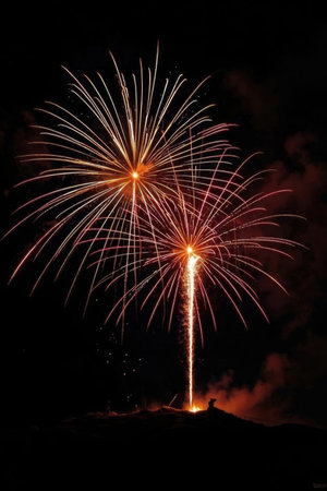 Colorful fireworks of various colors over night sky background, selective focusの素材