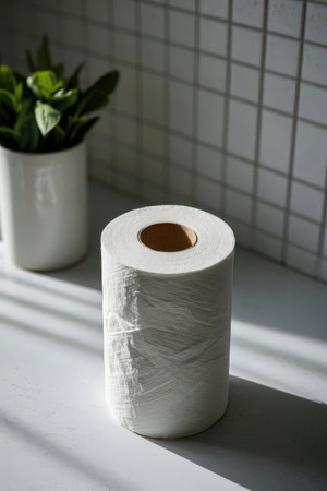 Roll of toilet paper on the table in the bathroom. Selective focus.の素材