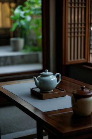 teapot and tea cup on the wooden table in coffee shopの素材