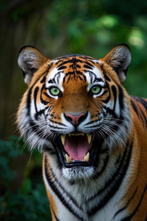 Close up of a tiger with open mouth and tongue out in the jungleの素材