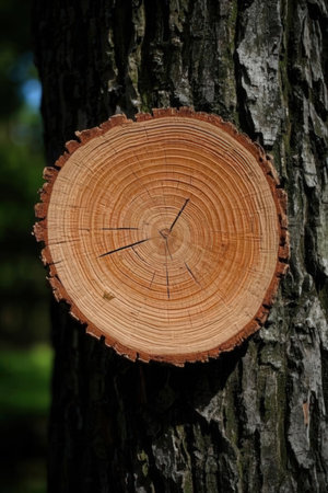 Wooden cross section of tree trunk with annual rings on it.の素材
