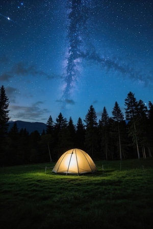 Camping tent in the mountains at night with starry sky.の素材