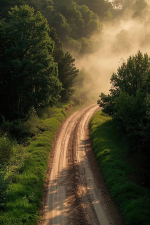 Dirt road through the forest in the morning. Rural landscape.の素材