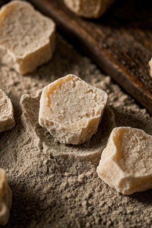 Coconut sugar cubes on a wooden board. Selective focus.の素材