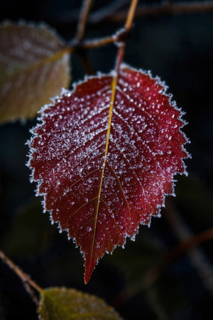 Autumn leaves covered with hoarfrost on a dark background.の素材