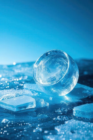 crystal ball on the ice, blue background, shallow depth of fieldの素材